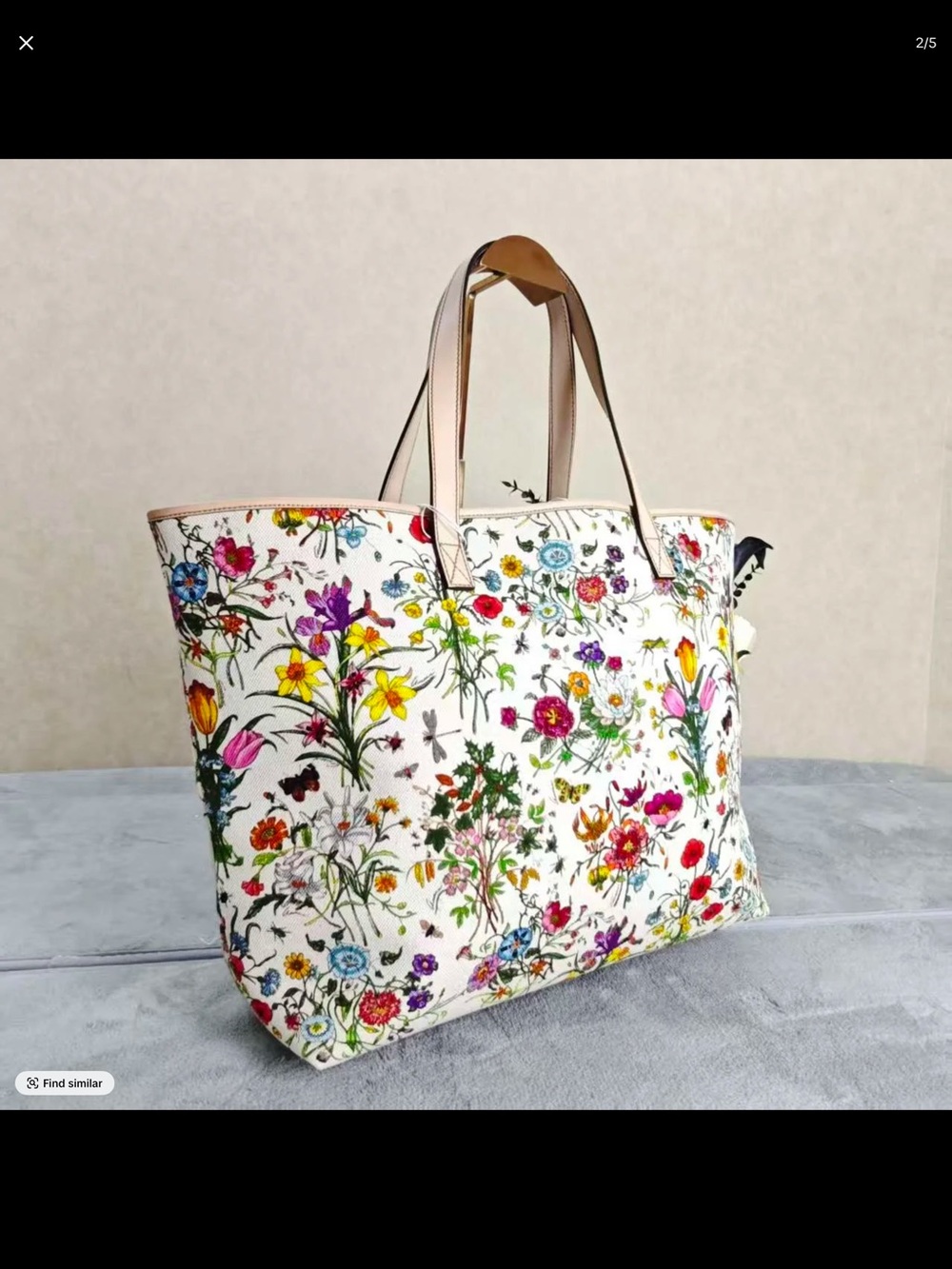 Gucci White Floral Canvas Tote with Pink Leather Handles - Picture 2 of 7